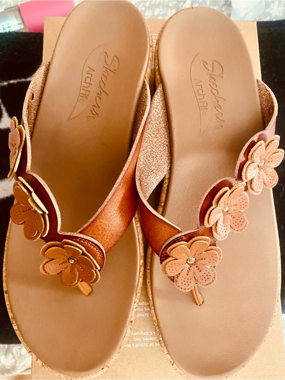Women’s Cork Wedge Sandals - Tan Leather Floral Accent